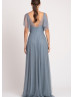 V Neck Blue Gray Tulle Slit Bridesmaid Dress